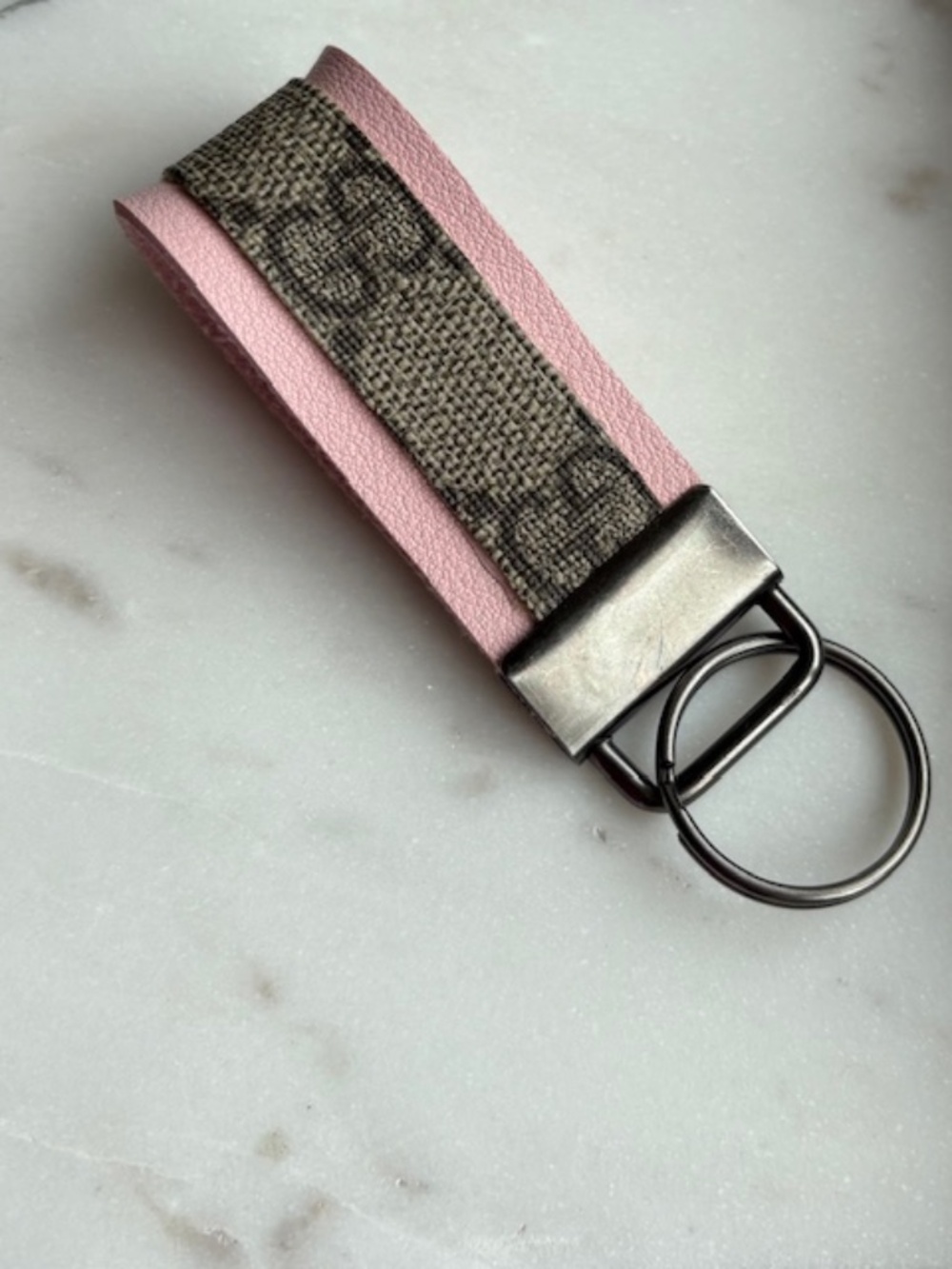 Authentic Repurposed Designer keychain with pink leather and antique silver